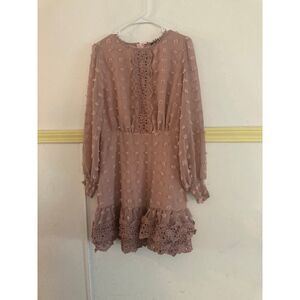 Simplee Pink Size M Long Sleeve Jacquard Chiffon Mini Lace Swiss Dot Dress